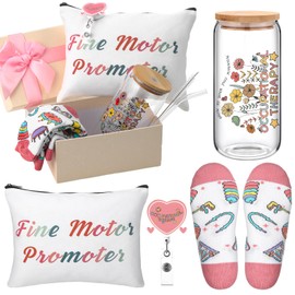 Skylety 5 Pcs Occupational Therapy Month Gifts Set with Glass Cup Socks Cosmetic Bag Badge Holder OT Appreciation Gift Box Occupational Therapy Month Stuff for Women Speech Therapist