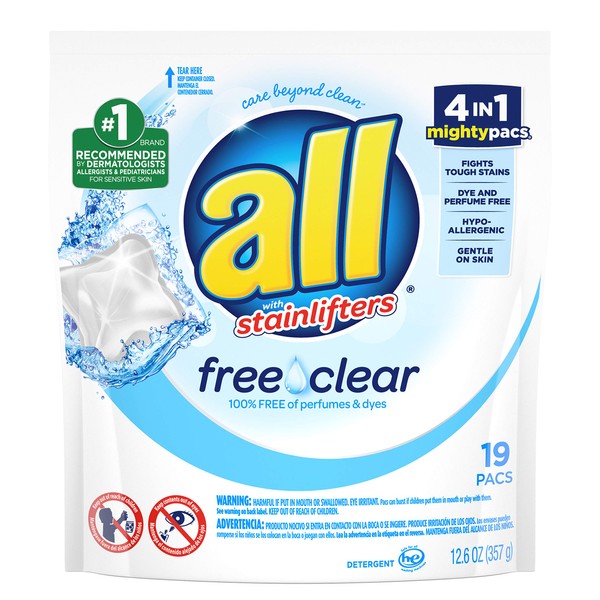 All Mighty Pacs Laundry Detergent, Free Clear For Sensitive Skin Pouch, 19 Count