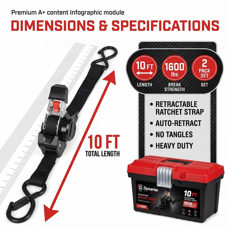 Dynarise Shield 10Ft Auto-Retractable Tie Down Ratchet Straps Pro Kit