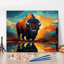 TISHIRON Paint by Numbers for Adults, Children, Beginners, Watercolor American Bison DIY Animals Digital Glitch Art Kits with Brushes 16x20 Inch (Without Frame)