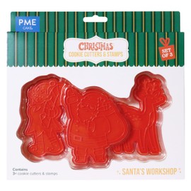 PME CH24CCC098 Christmas Cookie Cutters & Stamps, Santa's Workshop (Set of 3), Plastic, Red