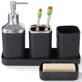 5 Pcs Bathroom Accessories Set, Heart Embossed Lotion Dispenser, Toothbrush Holder, Tumbler, Soap Dish and Tray, Plastic Vanity Countertop Accessory Set for Bathroom