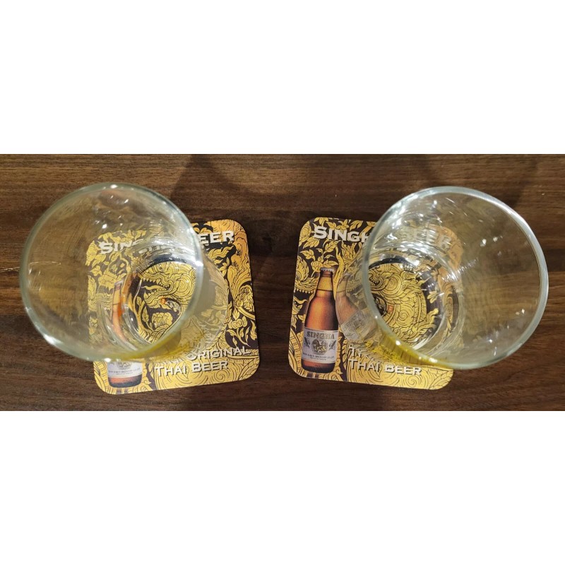 Singha Set of 2 Singha Beer Glasses Thailand with Coasters