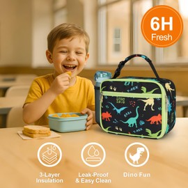 Bagseri Kids Lunch Bag Boys - Kids Lunch Box for Boys Reusable and Insulated Lunch Bag Toddler Lunch Box for Daycare and School, Black Dinosaur (Water Bottle Not Included)