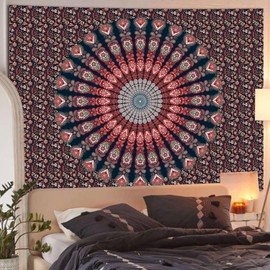 Simpkeely Indian Mandala Floral Tapestry, Hippie Bohemian Peacock Handmade Psychedelic Wall Hanging Decorative Tapestries for Bedroom, Living Room - 130 x 150 cm - Red