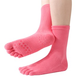 KQueenStar Toe Grip Socks for Women, Athletic Breathable Cotton Non-Slip Five Finger Socks for Running Gym Yoga Pilates Pink