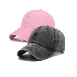 PFFY 2 Packs Vintage Washed Distressed Baseball Cap Dad Golf Hat Black+Pink