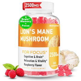 Lions Mane Gummies, Organic Lion's Mane, Lions Mane Gummies for Adults, with Ashwagandha & Alpha GPC, Cortisol Supplements for Women & Men, 60 Counts