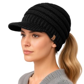 TOP-EX Chicpony Beanie Women's Wool Warm Winter Hat with Fleece Lining Knitted Hat with Peak Ponytail, 96589_Black, Unit size