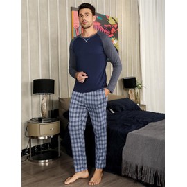 Litherday Men's Pyjamas Sets Long Sleeve Cotton Plaid Nightwear Classic Sleepwear Soft Lounge Wear Top Pjs Set with Pockets(Navy,XL)