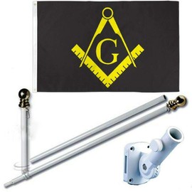 MWS 3'X5' Masonic Black Flag Freemasonry Banner Mason Premium 210D 3x5 Flag Set (Super Polyester) w/Heavy Duty 6-Feet Spinning Flag Pole Bracket Residential Commercial