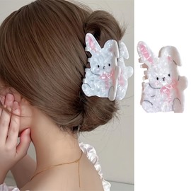 Bunny Hair Clips for Women, White Rabbit Hair Claw Clips Cute Animal Hair Accessories Easter Claw Clips Cartoon Funny Bunny Hairpins with Pink Bow Strong Hold Hair Barrette for Women Hair Decoration