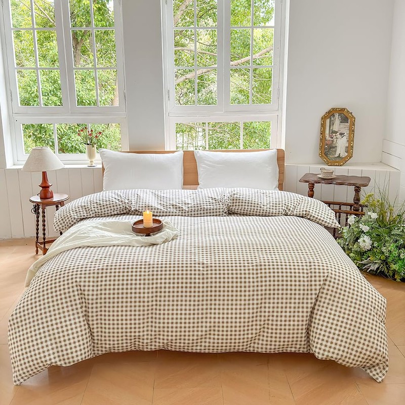 Tan Gingham Weighted Blanket Cover 48"x72", Taupe Soft Pre-Washed Microfiber