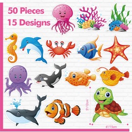50 PCS Marine Animal Cutouts, Double-Sided Printing Ocean Creature Accents Cut-Outs, Fish & Coral Bulletin Board Classroom Decoration, Under The Sea Themed Party Supplies for Kids Students