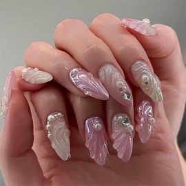 RUOKEXIN Almond Press on Nails Medium Fake Nails Pink Ombre False Nails with 3D Shell Water Drop Designs Pink Nail Press ons Sparkly Artificial Nails Cute Stick on Nails for Women 24Pcs