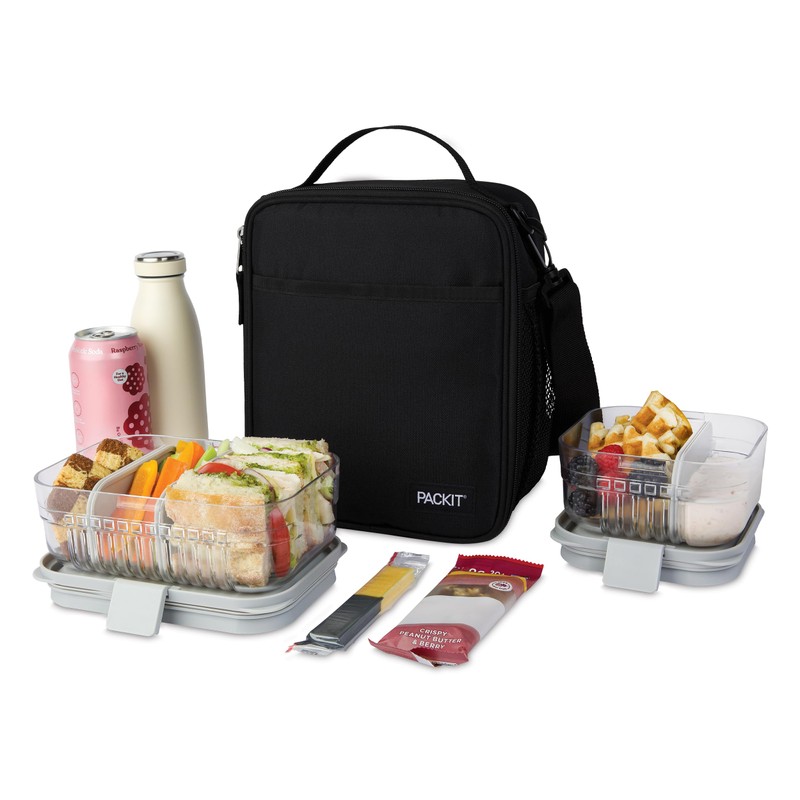 PackIt Freezable Crossbody Lunch Box, Black, Built with ECOFREEZE Technology,