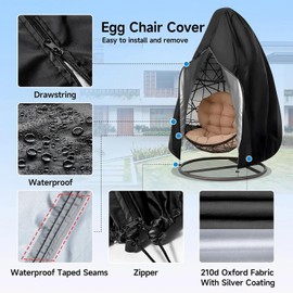 Patio Egg Chair Covers with Zipper, Wicker Egg Swing Chair Covers, Waterproof Weather Resisatnt Outdoor Chair Cover, Windproof Hanging Chair Cover, 75" x 45", Black