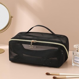 Travel Makeup Bag Zipper Pouch, Large Portable Cosmetic Bags for Women, PU Leather Makeup Organizer Toiletry Bags -(Mesh Black)