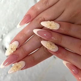 Short Press on Nails Almond Shape Fake Nails with Flower Charm Desings White French Tip Glue on Nails White Nude Full Cover Acrylic False Nails Press ons for Women Girls 24 Pcs