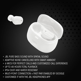 JBL Tune Buds 2, JBL Pure Bass Sound with Spatial Sound, Adaptive Noise Cancelling with Smart Ambient, 6 mics for Perfect Calls and Customized Call Experience, Personi-Fi 3.0, White