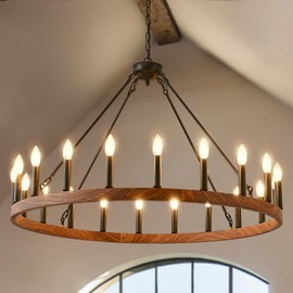VBKK Wagon Wheel Chandelier 40” with Wood Grain Finish, 20-Light Farmhouse Wagon Wheel Chandelier for Dining Room, Modern Round Iron Candle Chandeliers Light for Living Room, Foyer, Entryway, E12