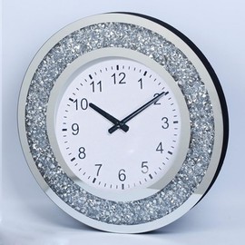 Mirrored Large Wall Clock for Wall Decoration Silver Glass Mirror Home Decor with Crush Diamond(Silver-Round 50CM)