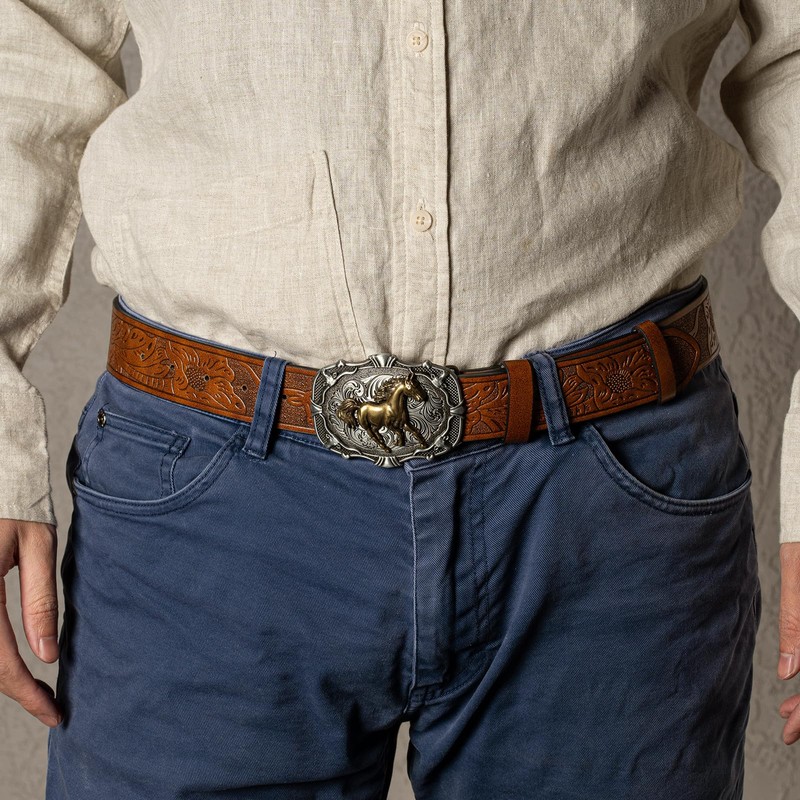 GENEMEN Western Cowboy Horse Buckle Belt for Men Women Cowgirl