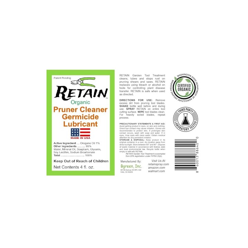 RETAIN Garden Tool Organic Cleaner, Lube, No Rust and Sanitizer
