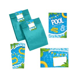 Minkocards 12 Invitation Cards for 8th Children's Birthday Swimming Pool Boys Girls Invitation Eighth Birthday Includes 12 Envelopes, 12 Party Bags / Petrol Blue, 12 Stickers and 12 Bookmarks