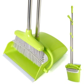 XXFLOWER Broom and Dustpan Set with Long Handle, Light Weight Stainless Steel Poles Stand Upright Dustpans with Broom Combo for Home Kitchen Office Pet Dog Hair, Green & Grey Color, 1-Pack