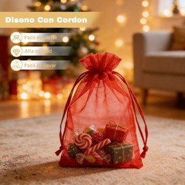100 Pzs Bolsas de Organza Transparentes con Cordón, 7 x 9 cm Bolsas de Malla para Regalos de Boda, Joyería, Caramelos, Navidad, Cumpleaños y Souvenirs (Rojo)