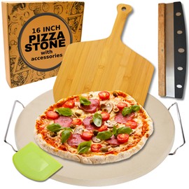 Round Pizza Stone - Large Pizza Stone Oven 16 inch - Pizza Grilling Stone with Peel and Cutter - Baking Stone - Oven Stone for Baking Bread - Stone Pizza Pan for Oven