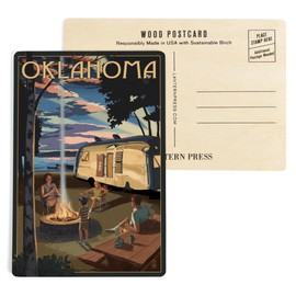 Oklahoma, Retro Camper and Lake (4x6 Birch Wood Postcards, 2-Pack Stationary, Rustic Home Wall Decor)