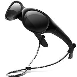 RIVBOS Kids Sunglasses Boys with Strap Polarized Rubber Flexible Shades for Toddler and Children Age 3-10 RBK003-3 Round Black