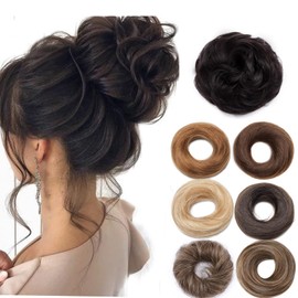 S-noilite [2Pcs] Human Hair Messy Scrunchy Hair Bun Extension Updo Donut Curly Wavy Hair Bun Scrunchie Hairpiece 100% Real Hair Elegant Chignon Bun Hair Piece for Women(Curly,Jet Black)