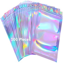 Resealable Mylar Bags Smell Proof Bags Holographic Packaging Bag Foil Pouch for Party Favor Food Storage (Rainbow, 3.3 * 5in/8.5 * 13cm)