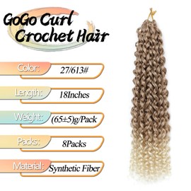 8 Packs GoGo Curl Crochet Hair 18 Inch Long Curly Crochet Hair for Women Beach Curl Water Wave Deep Twist Crochet Braids Synthetic Braiding Hair Extensions (T27/613#, 18 Inch(pack of 8))
