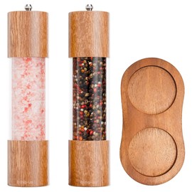 Wooden Salt and Pepper Grinder Set | 8-Inch Manual Acrylic Mills with Adjustable Ceramic Grinding Mechanism | Includes 2 Grinders + Wood Base | Premium Salt and Pepper Grinders by BING-US