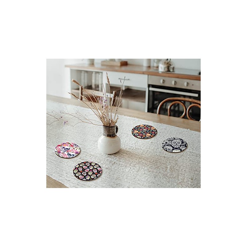 4 x Round Sugar Skull Coasters - Mexican Pattern Day