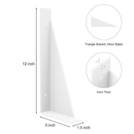 12 Inch Triangle Shelf Brackets 4 Pack, White Iron Shelf Brackets for DIY Floating Shelves, Sturdy Metal Shelf Support Brackets for Home, Garage, Kitchen, Bathroom