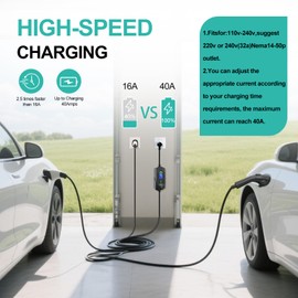 Level 2 EV Charger SAE J1772,40Amp Ev Charger Level 2,Adjustable Amp 6A-40A (110V-240V),9.6KW Fast Charging,25ft ETL Listed Cable,APP WiFi Control,Portable Ev Charging Station,NEMA 14-50 Plug