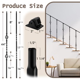 16 Pack Wrought Iron Balusters for Staircase Interior, 1/2" x 44" Hollow Deck Spindles Stair Railing Indoor with 32 Fixed Swivel Shoes, Metal Double Basket Decorative Stair - Matte Black