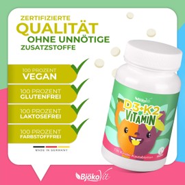 Vitamin D3 K2 Children's Chewable Tablets for 120 Days - 100% Vegan and Sugar Free - 400 IU Vitamin D from Lichens & 22.5 µg Vitamin K for Children - Vitamin D Children Vitamins Children