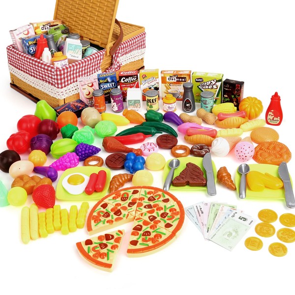 deAO Pretend Play Food Sets for Kids Picnic Basket Kitchen Toys Accessories Pizza Toy Food Fruits Vegetables Fake Food Pretend Food Toys for Toddlers Boys Girls Gift 103PCS