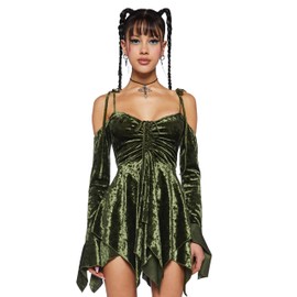 Dolls Kill F is for Fairies Handkerchief Dress for Women - Off-Shoulder, Custom Fit Dress Perfect for Fairycore Fashion - Olive Velvet, Large