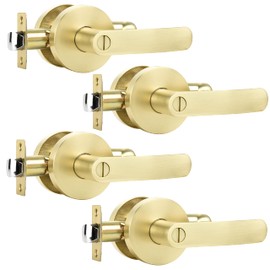 Leydebong 4 Pack Privacy Door Lock Door Handle Lever Keyless Door Knob Hardware Lockset for Bathrooms Indoor Door Levers Reversible Without Key for Interior Use, Light Satin Brass Finish