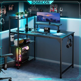 DOMICON 55 Inch Gaming Desk with LED Light, Computer Desk with Reversible Storage Shelves and Power Outlets for Home Office, Black