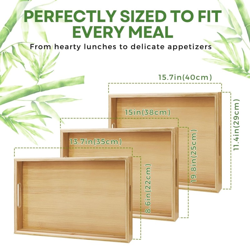 Flexzion Bamboo Trays for Serving Food - 3 Pack Bamboo
