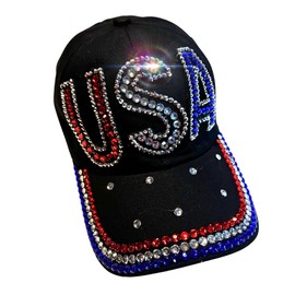 Popfizzy Rhinestone Baseball Cap for Women and Girls, Cute Bedazzled Hats, Shiny Bling Denim and Diamond Hat, USA Black