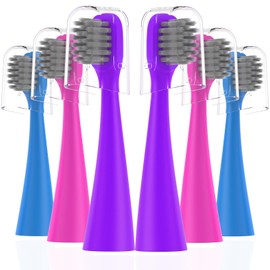 Toothbrushes Replacement Heads Compatible with Burst Kids Electric Toothbrushes, Tri-Color Set (Blue, Purple, Pink), 6-Pack